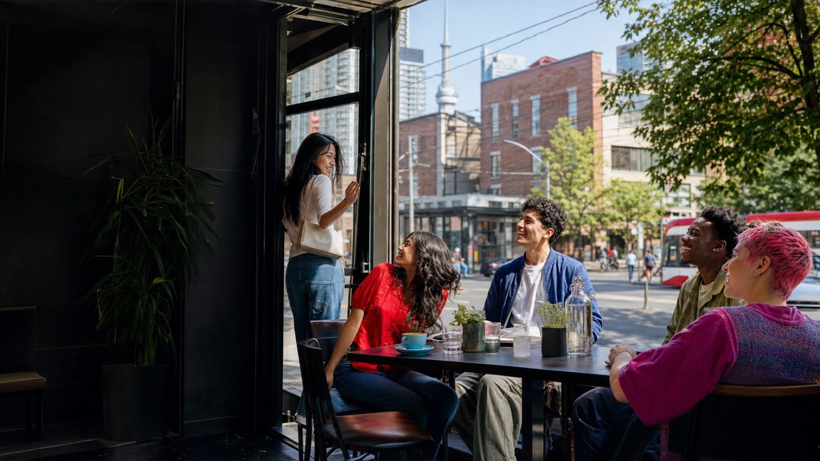A group of friends welcoming someone at a Toronto cafe